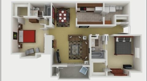 A 3D floor plan of a small apartment with a kitchen, living room, and bedroom.